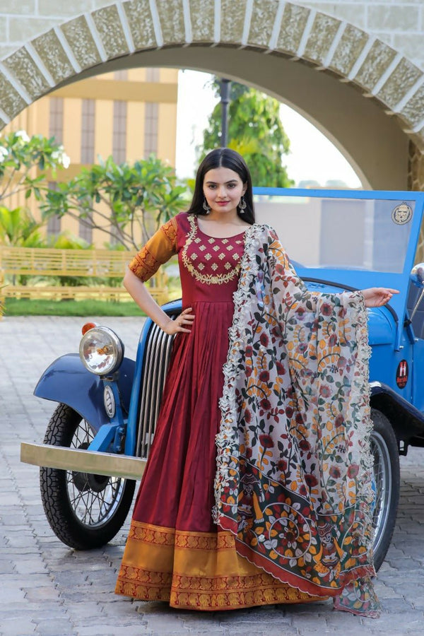Aastha Fashion Women's Maroon Silk Jacquard Woven with Embroidery Anarkali Dress with Dupatta - Distacart
