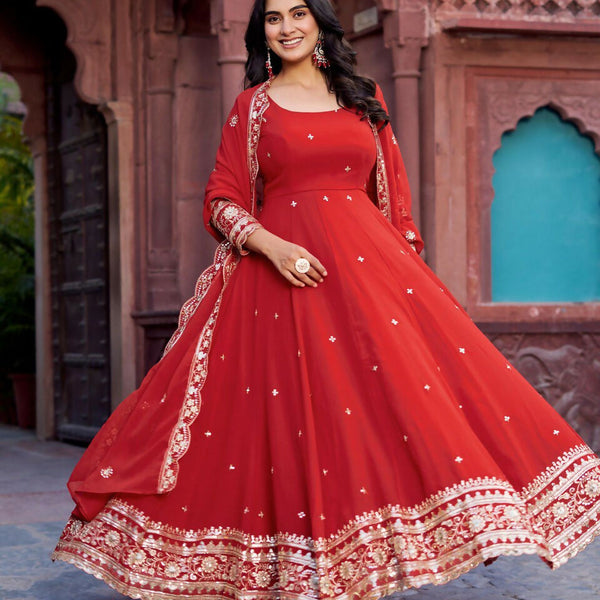 The52 Women's Beautiful Faux Georgette Fabric Embroidery Work Flared Anarkali Pant and Dupatta Set - Distacart