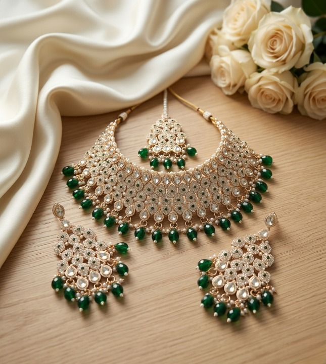 Jewel City Kundan Bridal Choker Jewelry Set with Beads | Indian Wedding Necklace, Drop Earrings & Maang Tikka - Dista