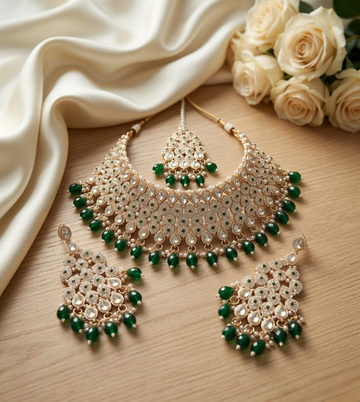 Jewel City Kundan Bridal Choker Jewelry Set with Beads | Indian Wedding Necklace, Drop Earrings & Maang Tikka - Dista