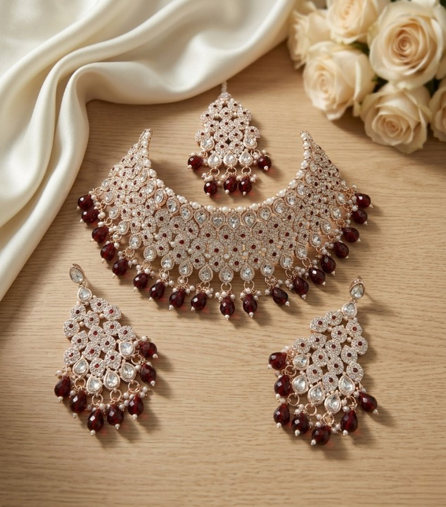 Jewel City Kundan Bridal Choker Jewelry Set with Beads | Indian Wedding Necklace, Drop Earrings & Maang Tikka - Dista