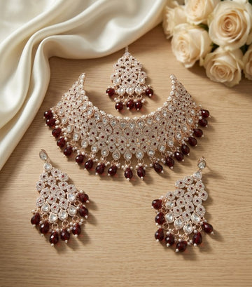 Jewel City Kundan Bridal Choker Jewelry Set with Beads | Indian Wedding Necklace, Drop Earrings & Maang Tikka - Dista
