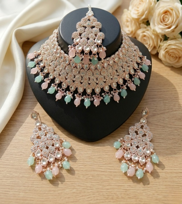 Jewel City Kundan Bridal Choker Jewelry Set with Beads | Indian Wedding Necklace, Drop Earrings & Maang Tikka - Dista
