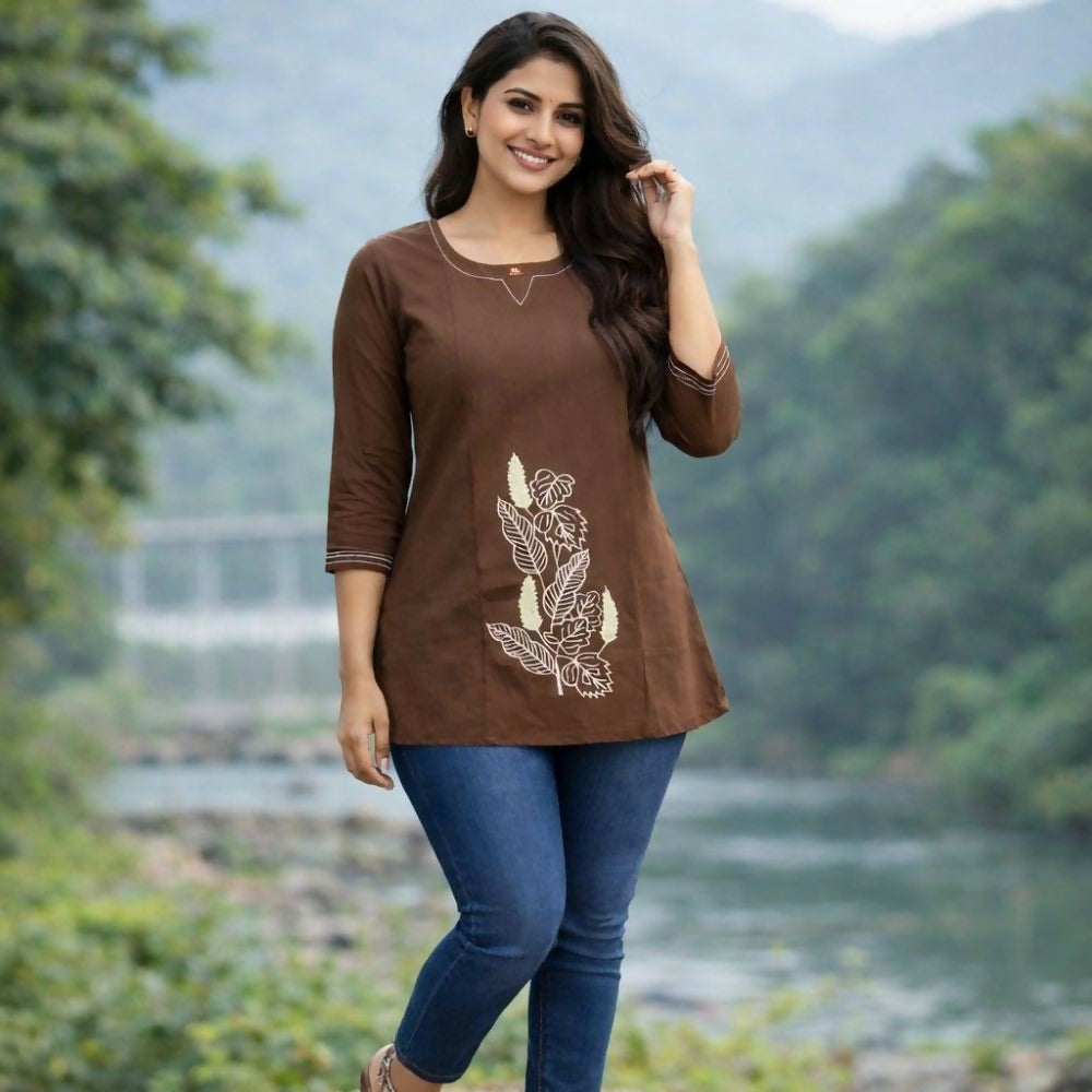 Teeya Creation Womens New Latest Cotton Brown Floral Embroidered Short Kurti - Dista