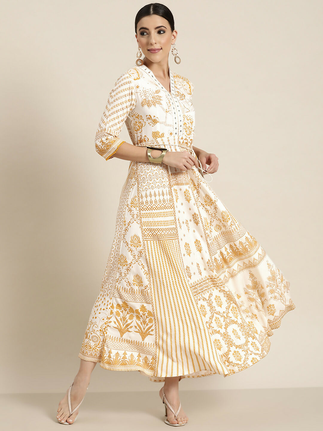 Juniper Mustard Printed Rayon Lacy Maxi Dress With Mirror Embroidered Neckline & Tassels At Waist - Distacart