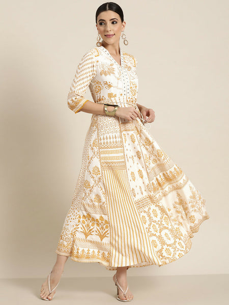 Juniper Mustard Printed Rayon Lacy Maxi Dress With Mirror Embroidered Neckline & Tassels At Waist - Distacart