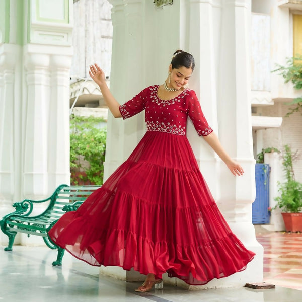Teeya Creation Maroon Color Faux Georgette Hand Embroidery Work Party Wear Gown - Distacart
