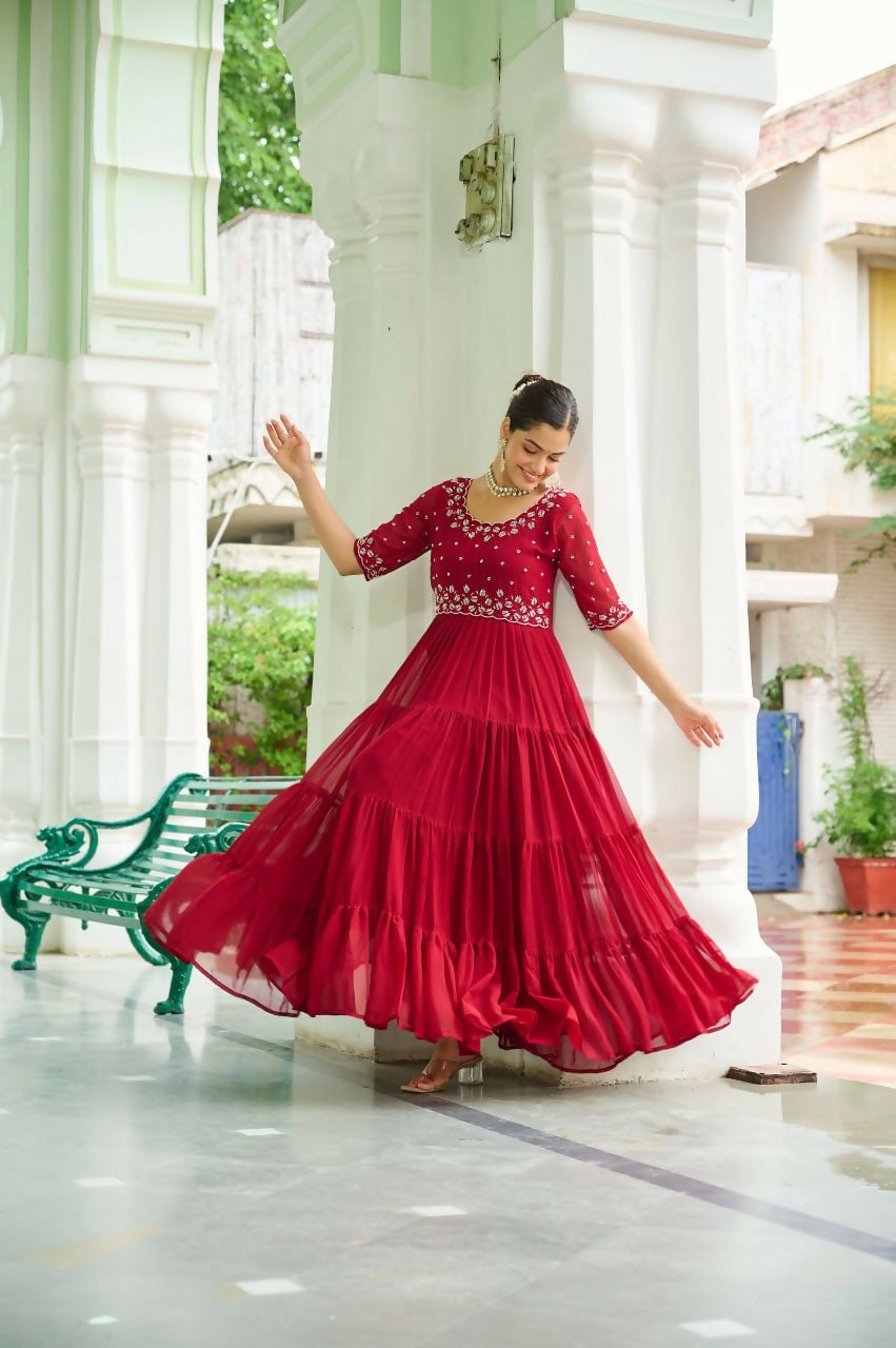 Teeya Creation Maroon Color Faux Georgette Hand Embroidery Work Party Wear Gown - Distacart