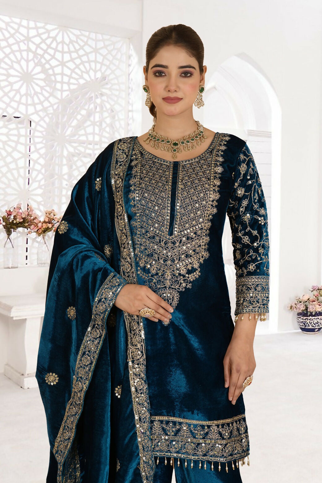 Joban Fashion Blue Velvet Sequence Embroidery Work Kurta Set