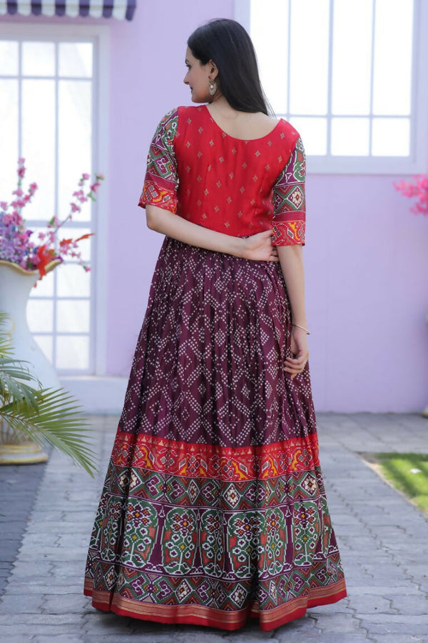 Jyoti Fashion Women's Wine Patola with Foil Print Dola Silk Anarkali Dress - Distacart