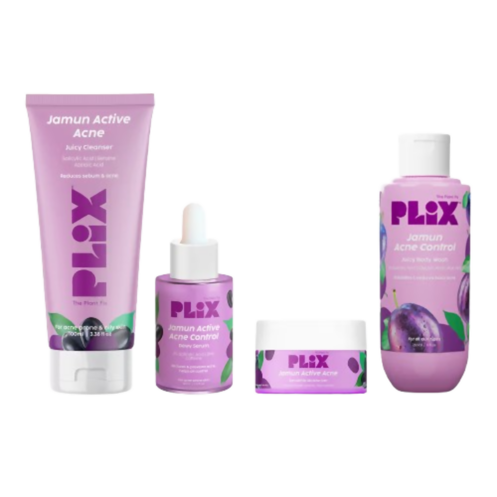 PLIX The Plant Fix Jamun Active Acne Regime - Cleanser, Acne Mark Serum, Moisturizer & Body Wash For Women & Men - Distacart