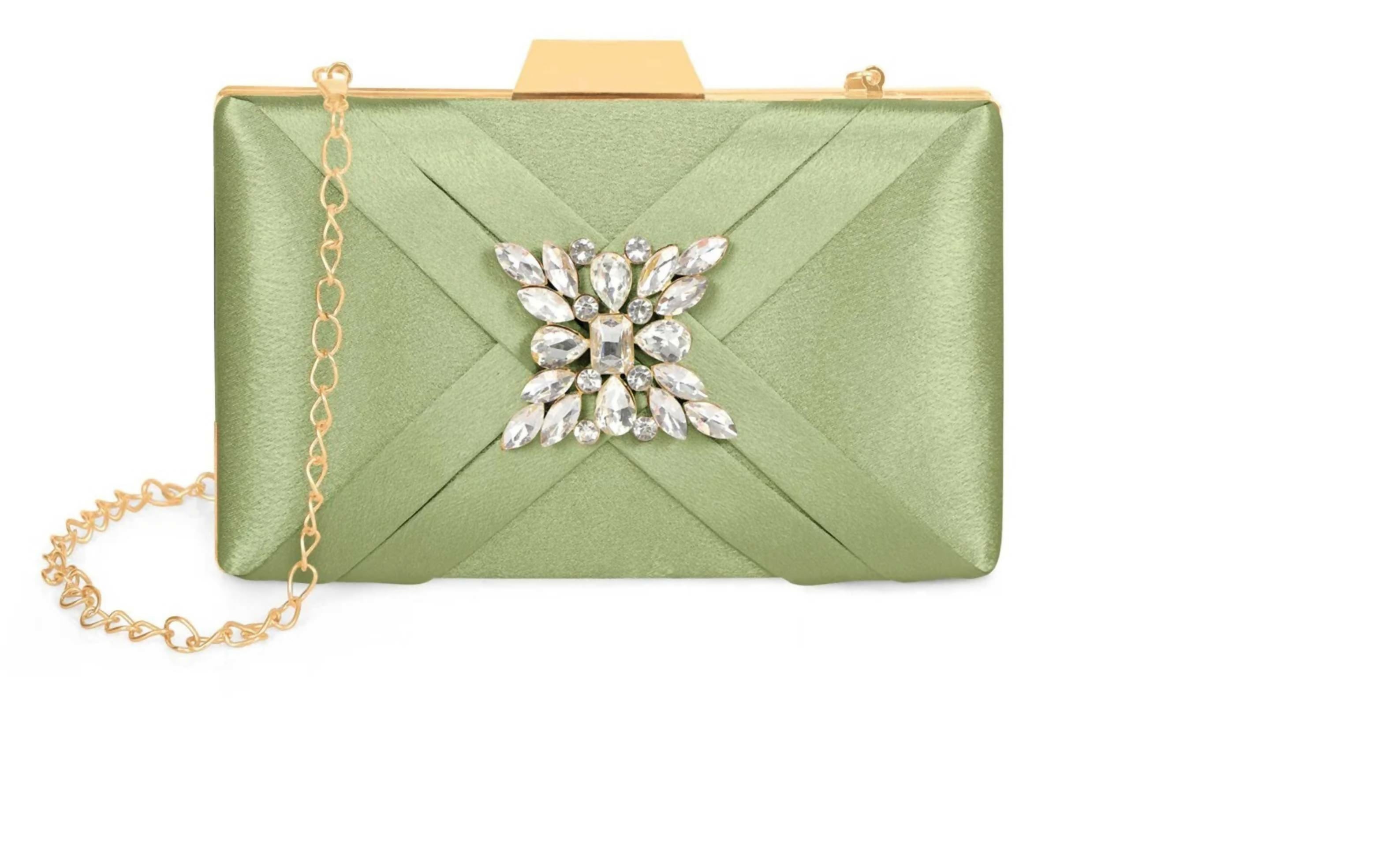 Joban Fashion Luxurious Satin Evening Clutch With Detachable Chain Strap - C Green