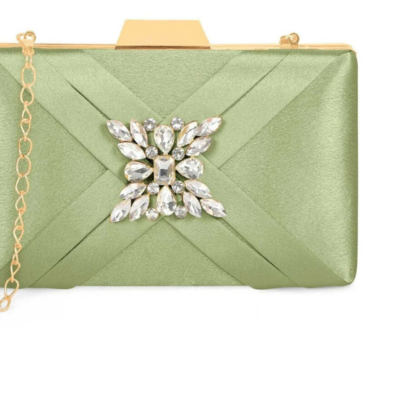 Joban Fashion Luxurious Satin Evening Clutch With Detachable Chain Strap - C Green - Dista