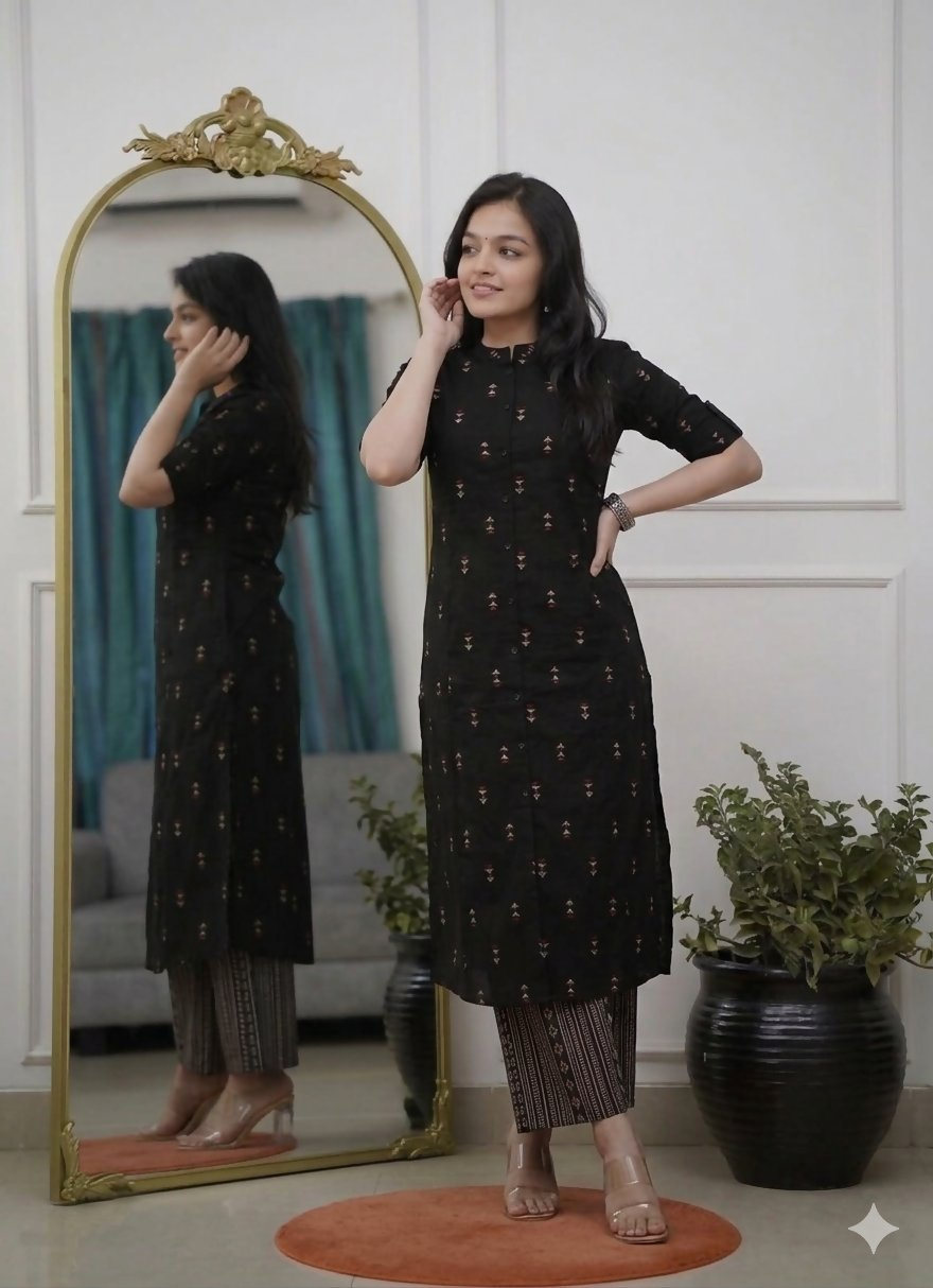 Teeya Creation Classic Black Cotton Kurta Set With Subtle Embroidery And Printed Palazzos - Dista