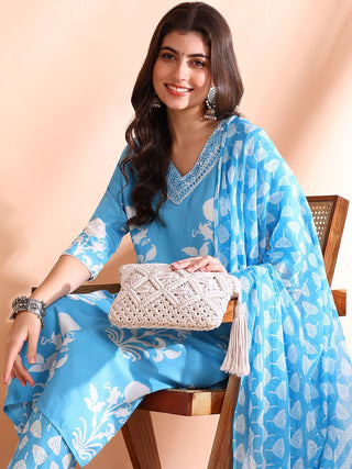 Ode by House of Pataudi Printed Thread Work Pure Cotton Kurta With Trousers & Dupatta - Distacart