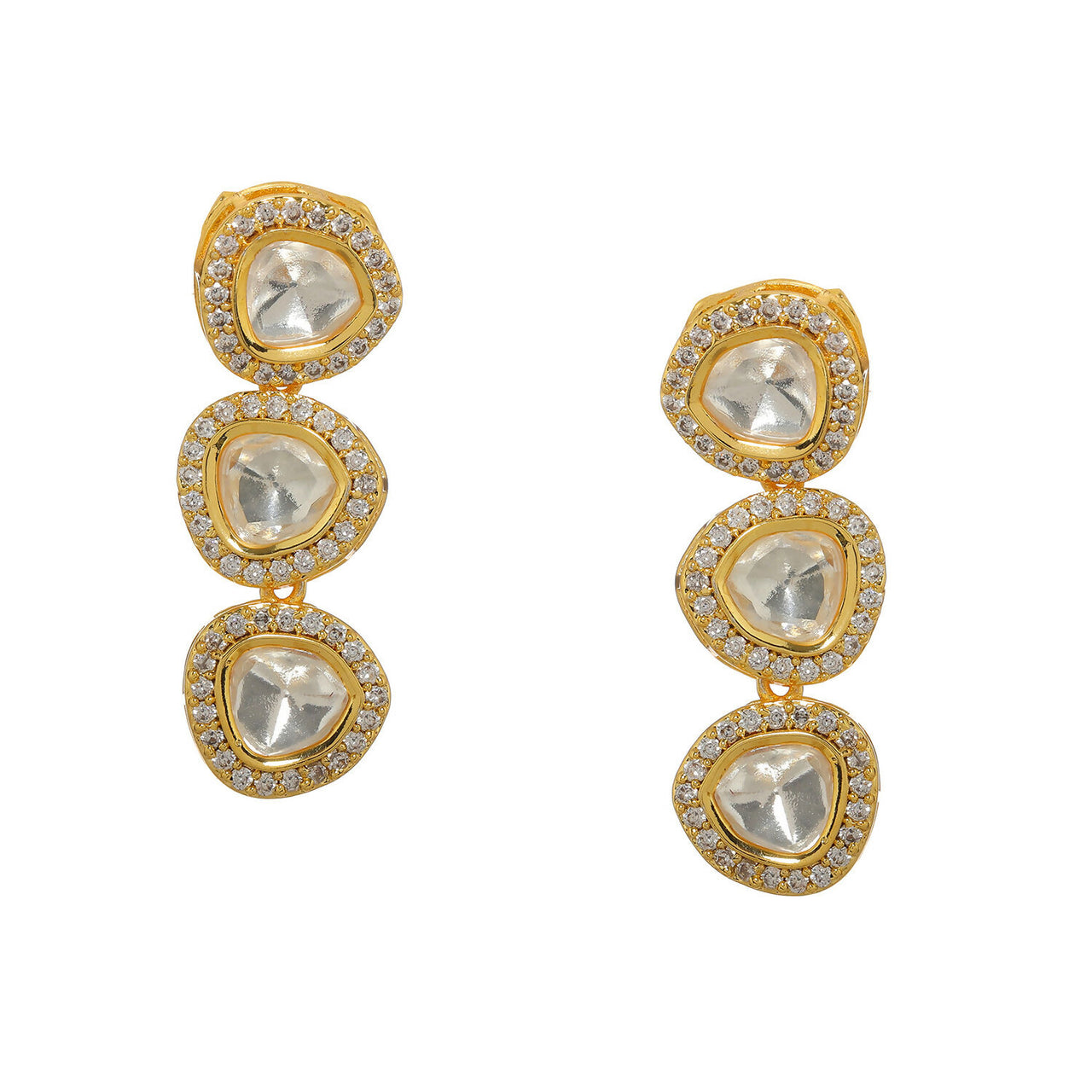 Uncut 3 Tier Kundan Dangler Earrings (Gold) - Ruby Raang - Distacart