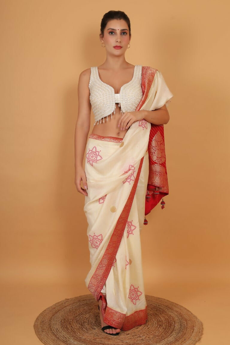 Joban Fashion Silk Pearl And Beads Hand Embroidery Padded Blouse - White