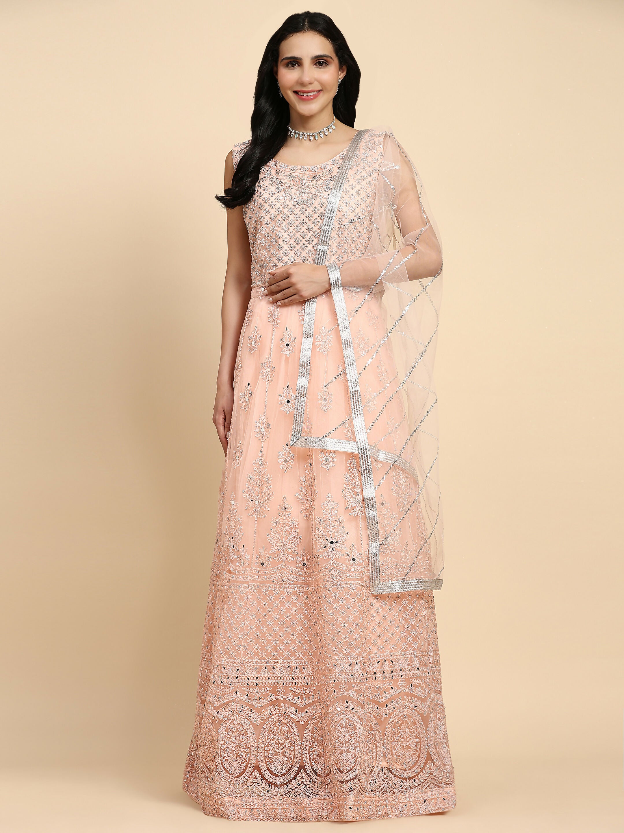 Peach Net Hand Embroidered Gown - Rudrani - Distacart