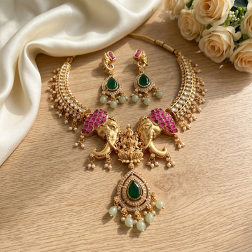 Jewel City Antique Gold Temple Jewelry Set with Kundan Elephant Motif Necklace & Earrings – Indian Bridal Wedding Choker - Dista