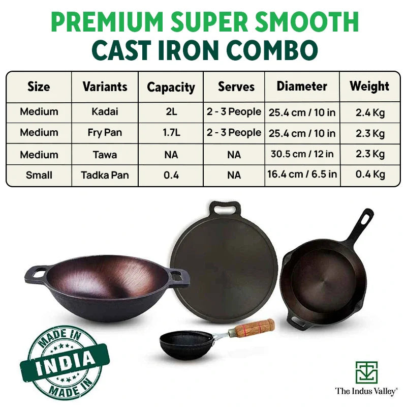 The Indus Valley Super Smooth Cast Iron Set: Frypan+ Kadai+ Tawa, Kitchen set for Home, Nonstick, 100% Pure,Toxin-free, Tadka Pan - Distacart