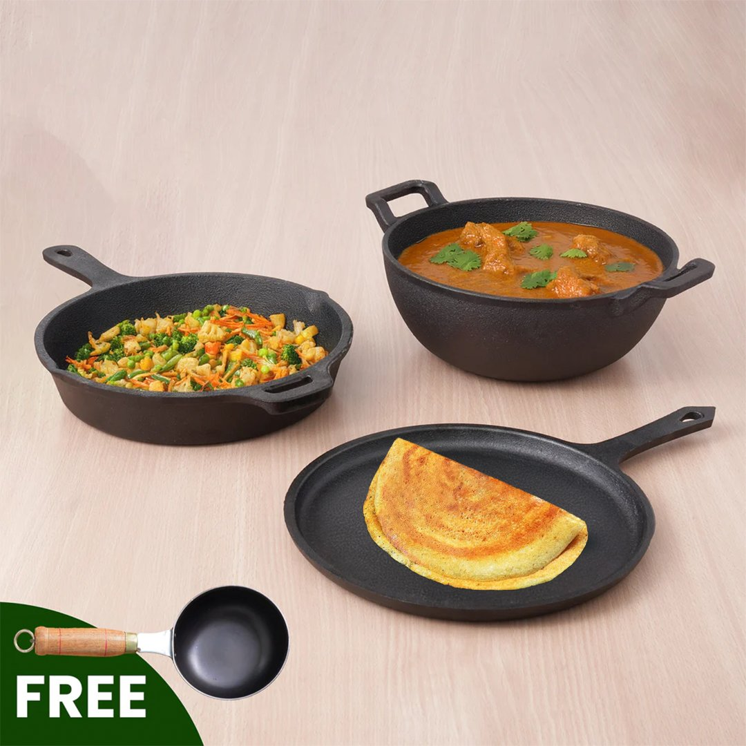 The Indus Valley CASTrong Cast Iron Cookware Set: Tawa+ Kadai+ Frypan, Kitchen Set for Home, Pre-seasoned, 100% Pure, Induction, Tadka Pan - Distacart