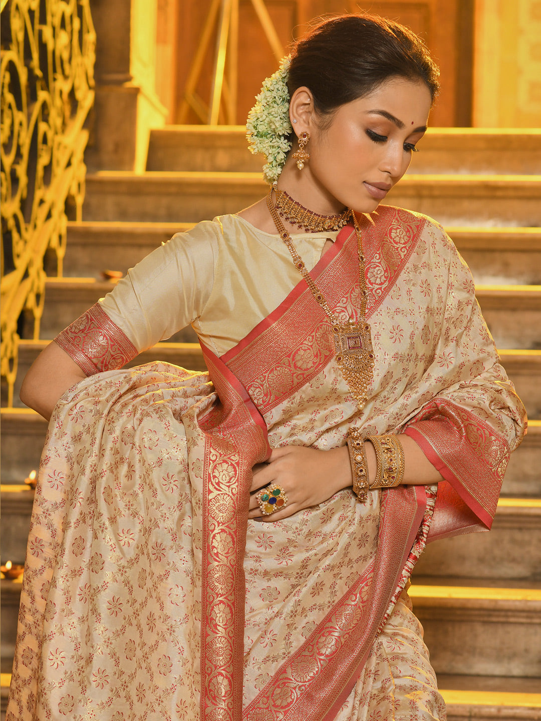 Anaita Off White Banarasi Saree With Blouse Piece - Distacart