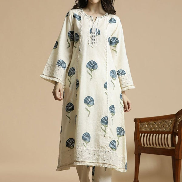 Anouk Floral Printed Regular Mirror Work Pure Cotton A-Line Kurta with Palazzos - Distacart