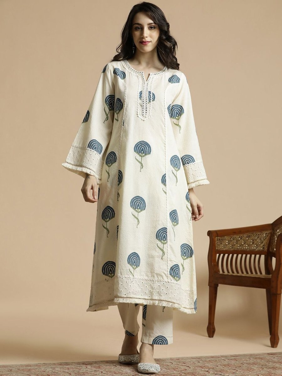 Anouk Floral Printed Regular Mirror Work Pure Cotton A-Line Kurta with Palazzos - Distacart