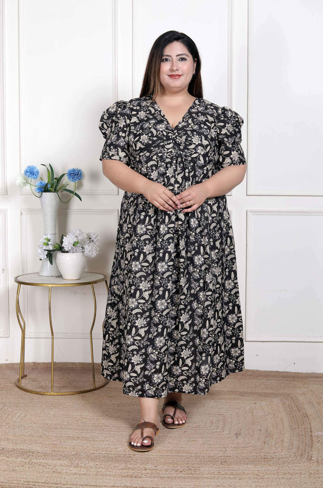 Miravan Women's Plus Size Pleated Puff Sleeve Floral Pure Cotton Black And  White Butterfly Maxi Dress