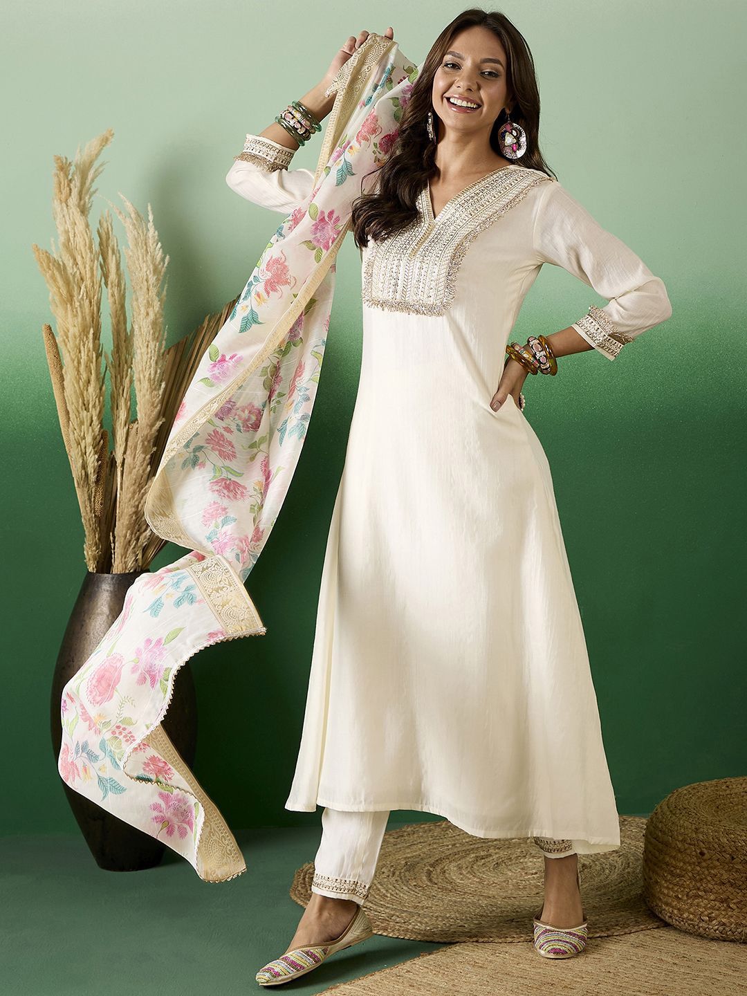 Sangria Embroidered A-Line Kurta With Trousers & Dupatta - Distacart