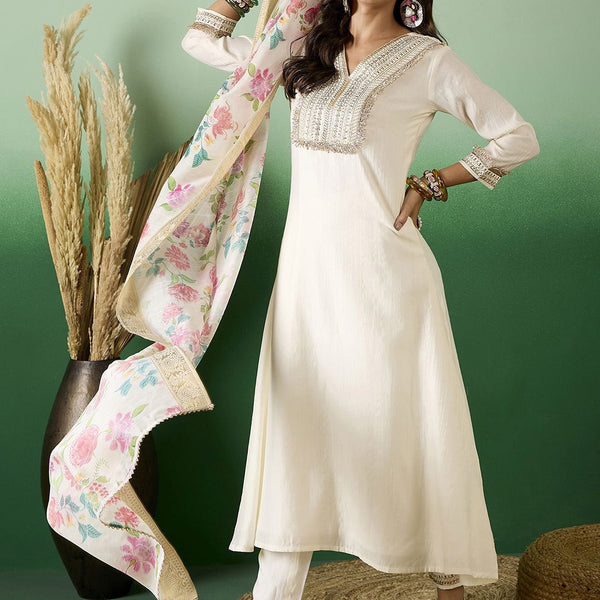 Sangria Embroidered A-Line Kurta With Trousers & Dupatta - Distacart