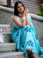 Thumbnail for Prime Volt Women's Sky Blue Floral Digital Print Soft Linen Saree With Blouse - Distacart