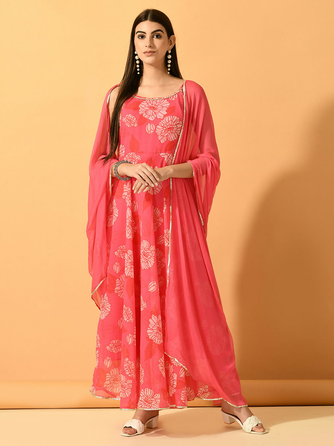 Myshka Women's Pink Festive Flared Anarkali Kurta With Dupatta sets - Distacart