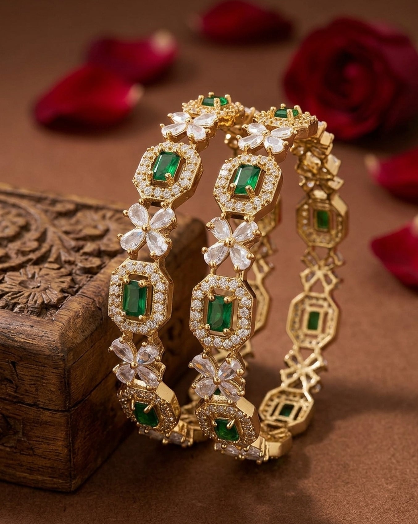 Jewel City Exquisite Emerald & Diamond Gold-Plated Floral Kada Green Bangles - Handcrafted Ethnic Jewelry for Weddings - Distacart