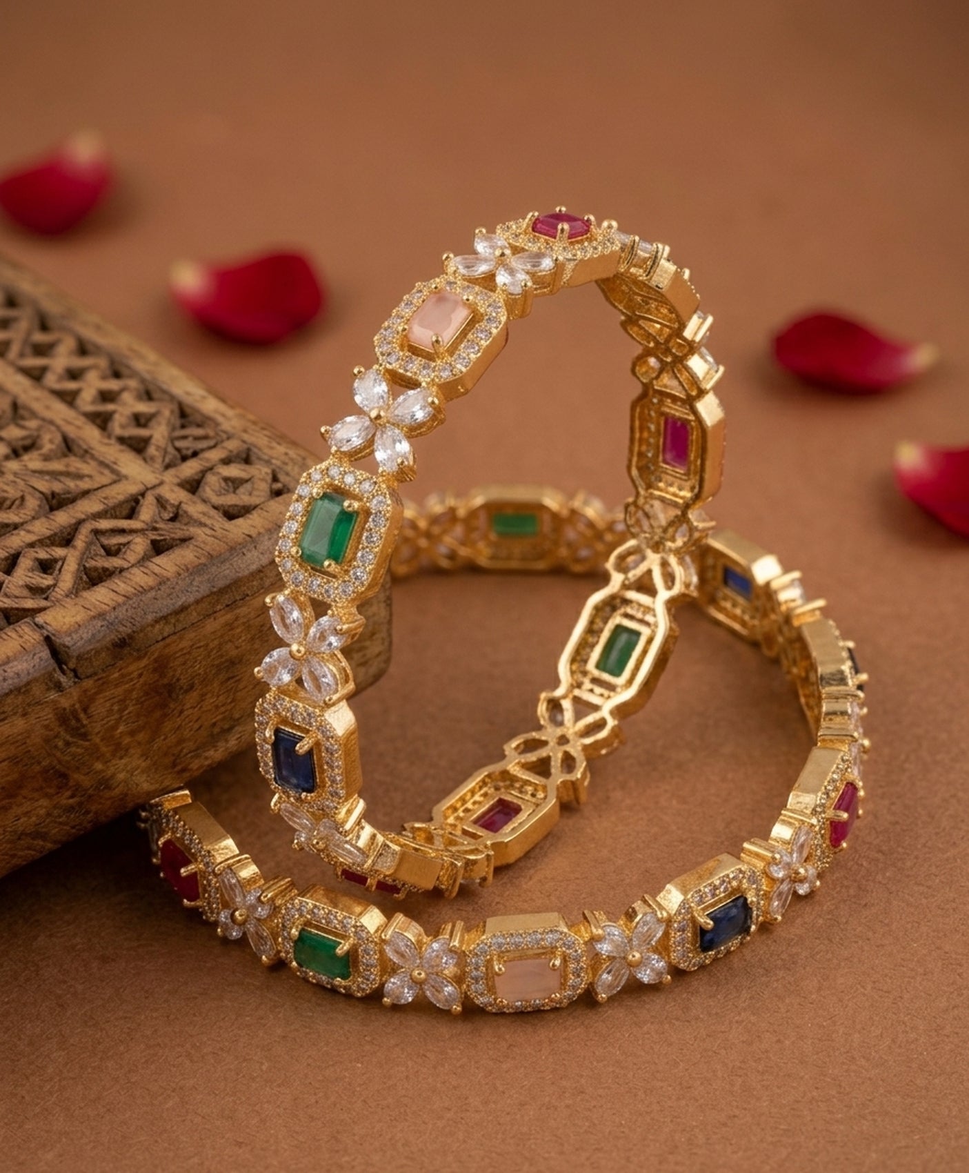 Jewel City Exquisite Emerald & Diamond Gold-Plated Floral Kada Multi-Color Bangles - Handcrafted Ethnic Jewelry for Weddings - Distacart