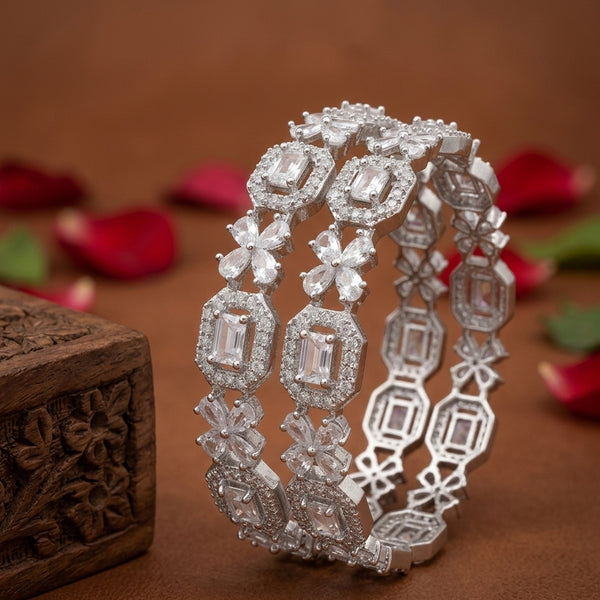 Jewel City Exquisite Emerald & Diamond Rhodium-Plated Floral Kada White Bangles - Handcrafted Ethnic Jewelry for Weddings - Distacart