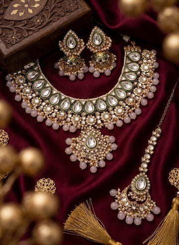 Jewel City Handcrafted Traditional Gold-Plated Kundan Bridal Jewelry Set with Maang Tikka & Jhumka Earrings - Dista