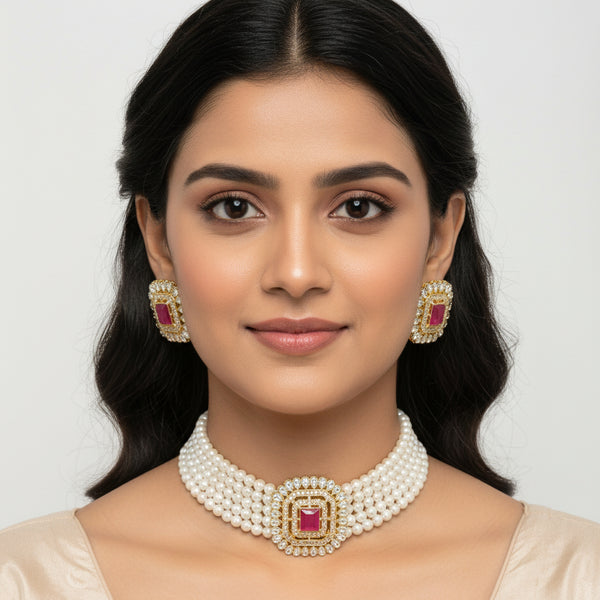 Jewel City Traditional Gold-Plated Multi-Layered Pearl Choker Necklace Set & Earrings Indian Ethnic Wedding Jewelry - Distacart