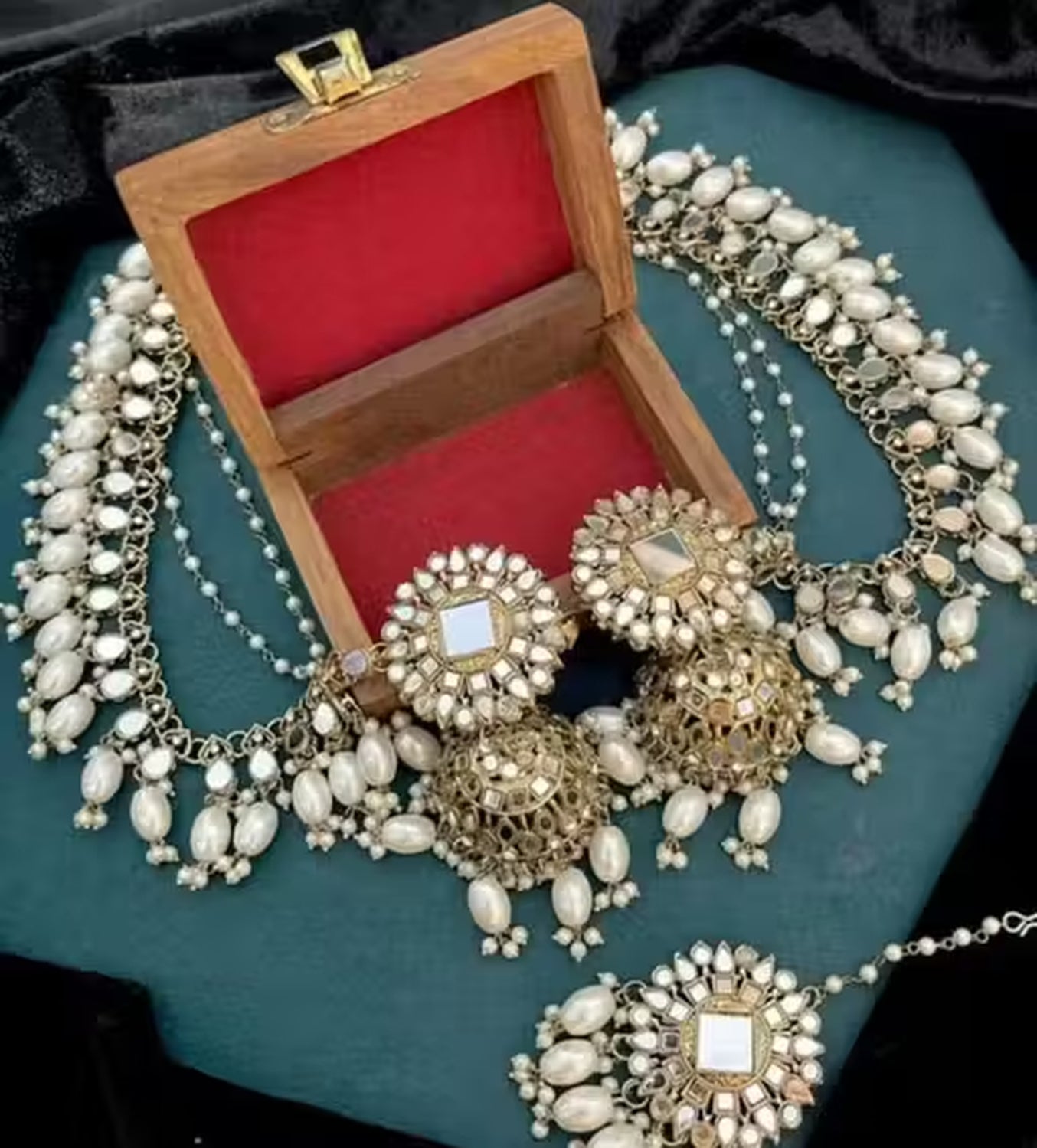 Jewel City Traditional Handcrafted Kundan Pearl Jhumka Drop Earrings And Maang Tikka Set