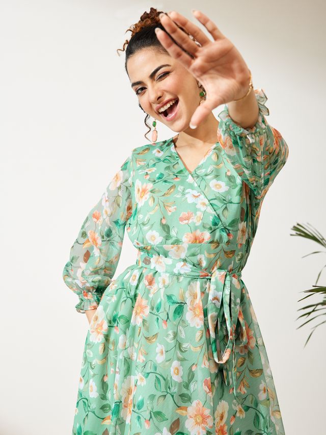 Janasya Mint Fit & Flare Chiffon Dress - Dista