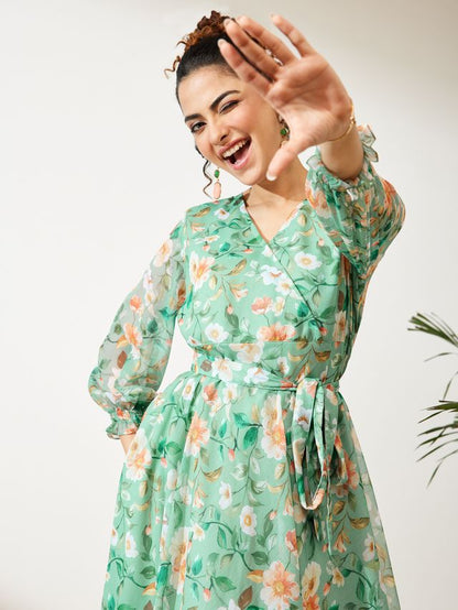 Janasya Mint Fit & Flare Chiffon Dress - Dista