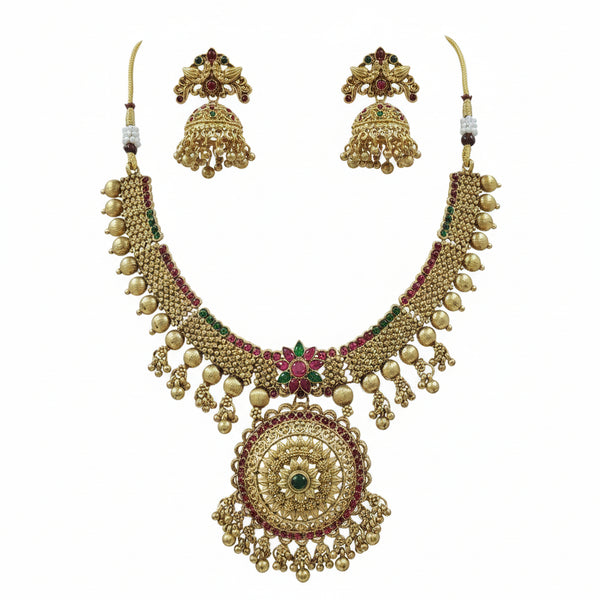 Jewel City Traditional Gold-Plated Temple Necklace Set with Jhumka Earrings for Bridal & Festive Wear - Distacart