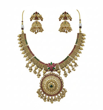 Jewel City Traditional Gold-Plated Temple Necklace Set with Jhumka Earrings for Bridal & Festive Wear - Distacart
