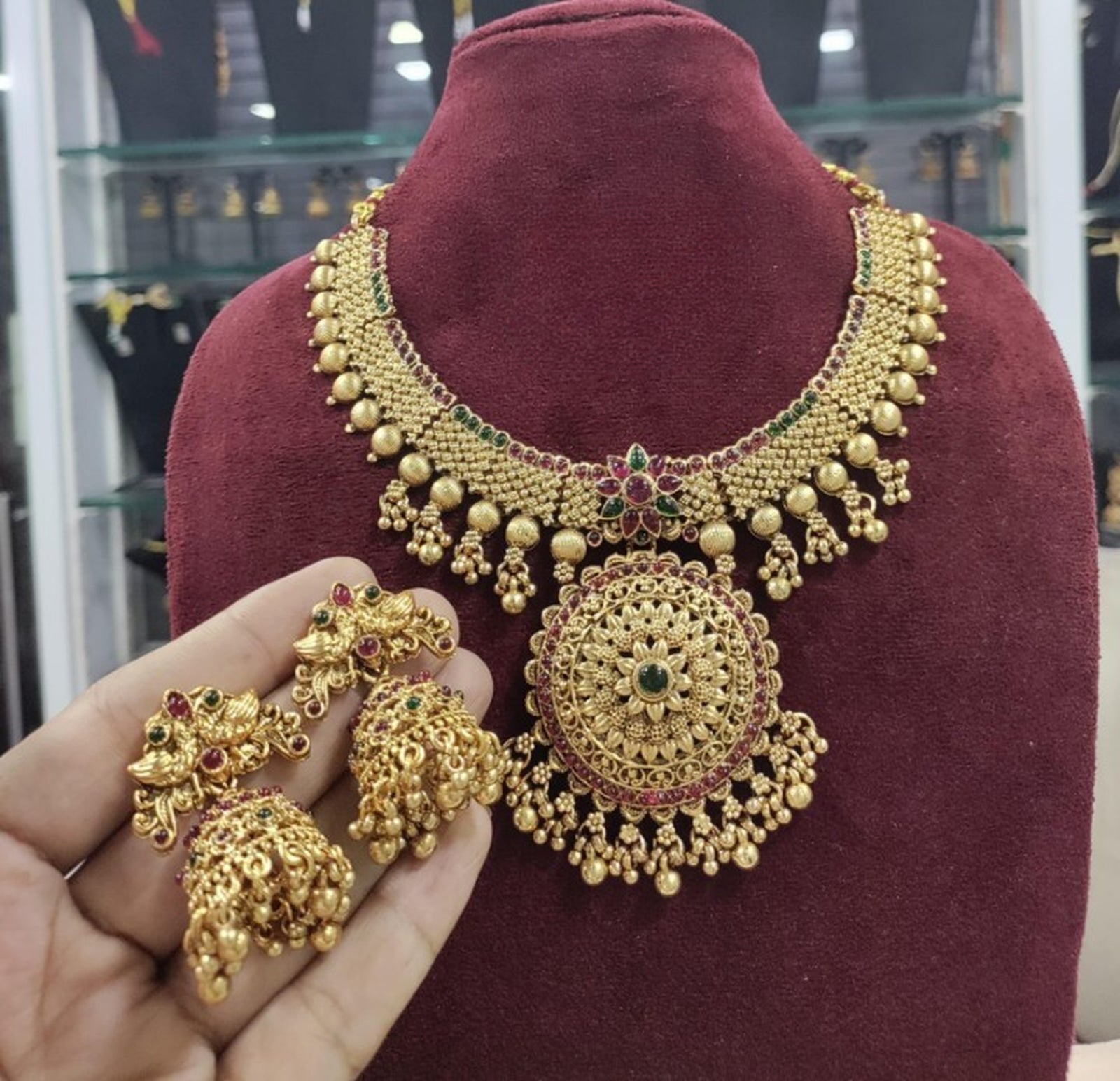 Jewel City Traditional Gold-Plated Temple Necklace Set with Jhumka Earrings for Bridal & Festive Wear - Distacart
