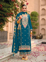 Thumbnail for Anaita Teal Premium Embroidered Chiffon Salwar Suit - Distacart