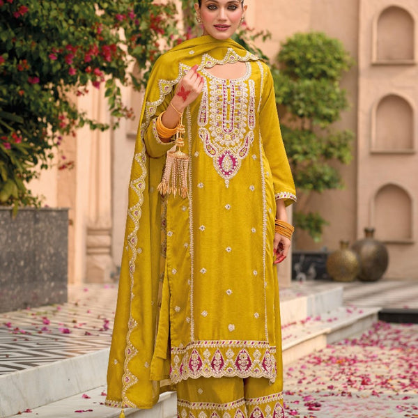 Anaita Yellow Premium Embroidered Chiffon Salwar Suit - Distacart