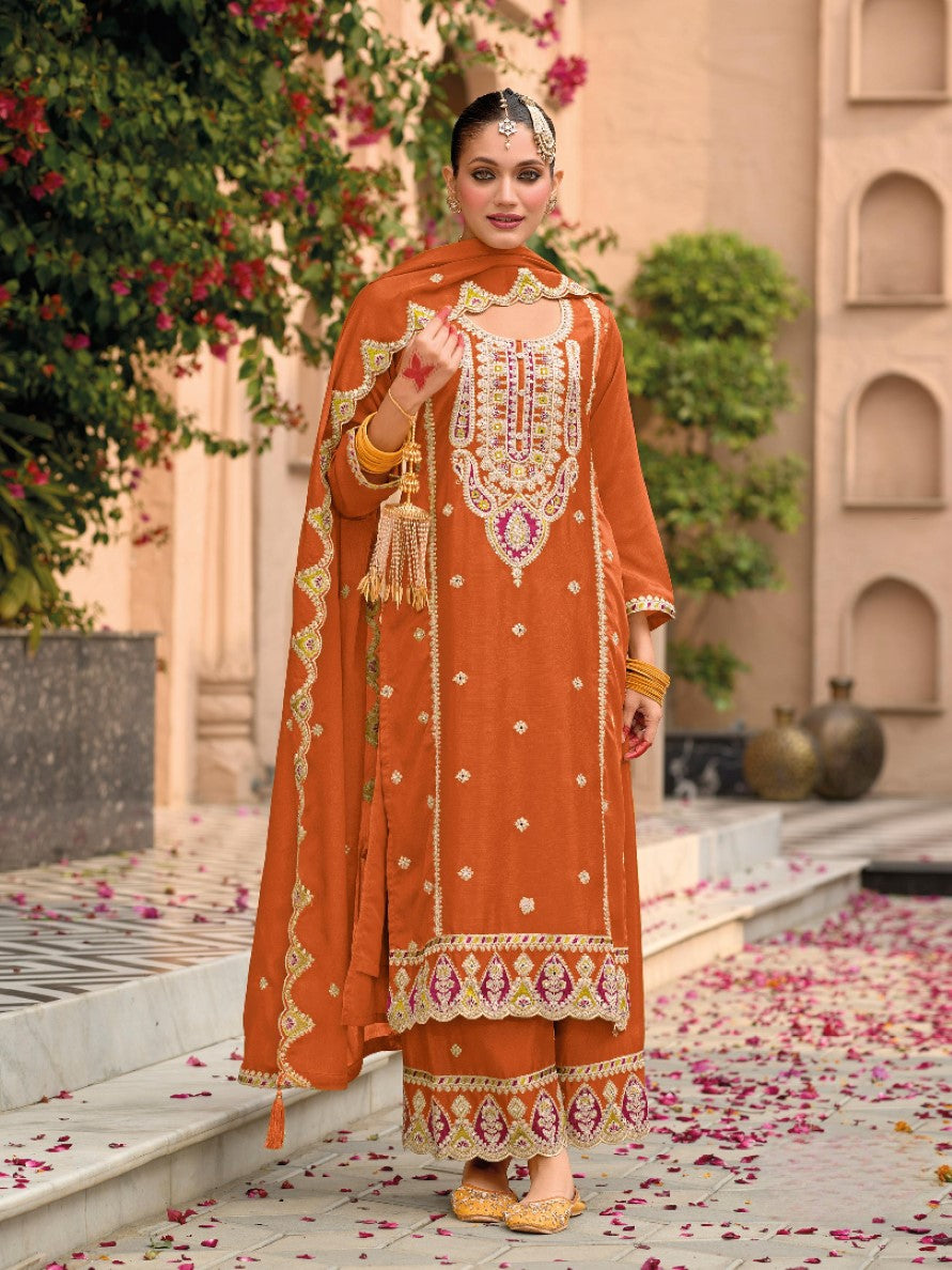 Anaita Orange Premium Embroidered Chiffon Salwar Suit - Distacart