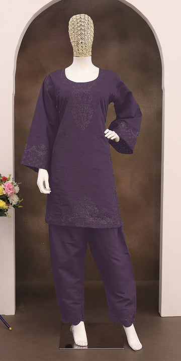 Anaita Violet Embroidery And Thread Work Cotton Semi Stitched Salwar Suit - Dista