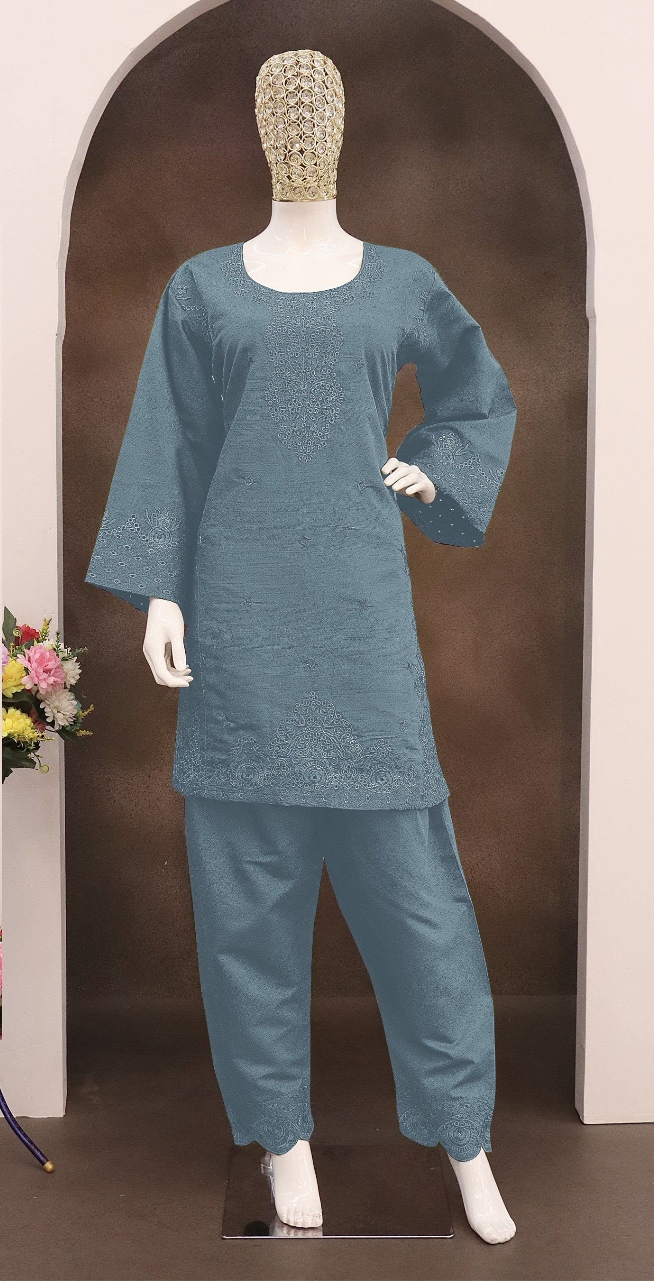 Anaita Sky Blue Embroidery And Thread Work Cotton Salwar Suit - Dista