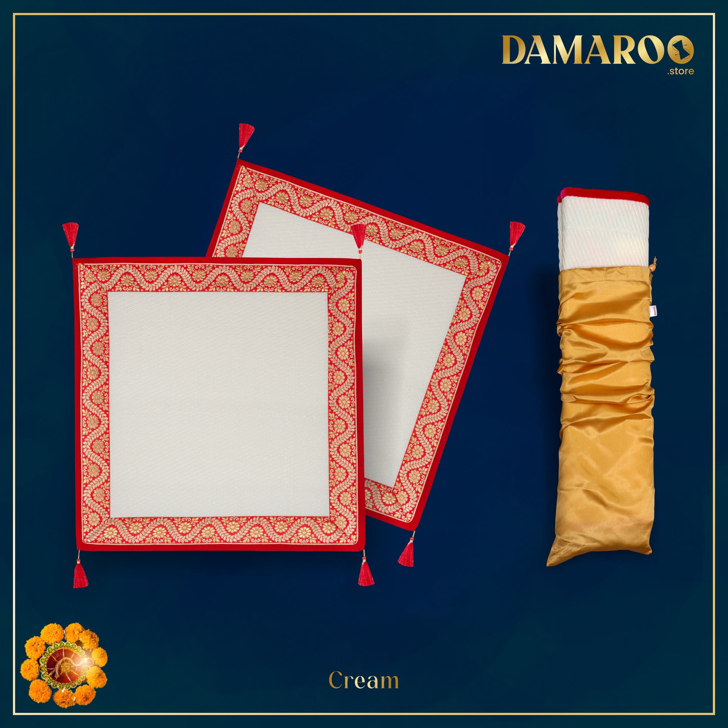 Damaroo Set of 2 | 2x2 ft | Graceful Nylon Pooja Aasan | Red & Subtle Golden Trim & Tassels - Cream - Distacart